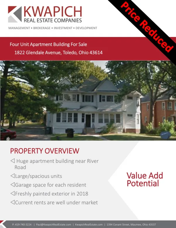 Four Unit Apartment Building For Sale 1822 Glendale Avenue, Toledo, Ohio 43614