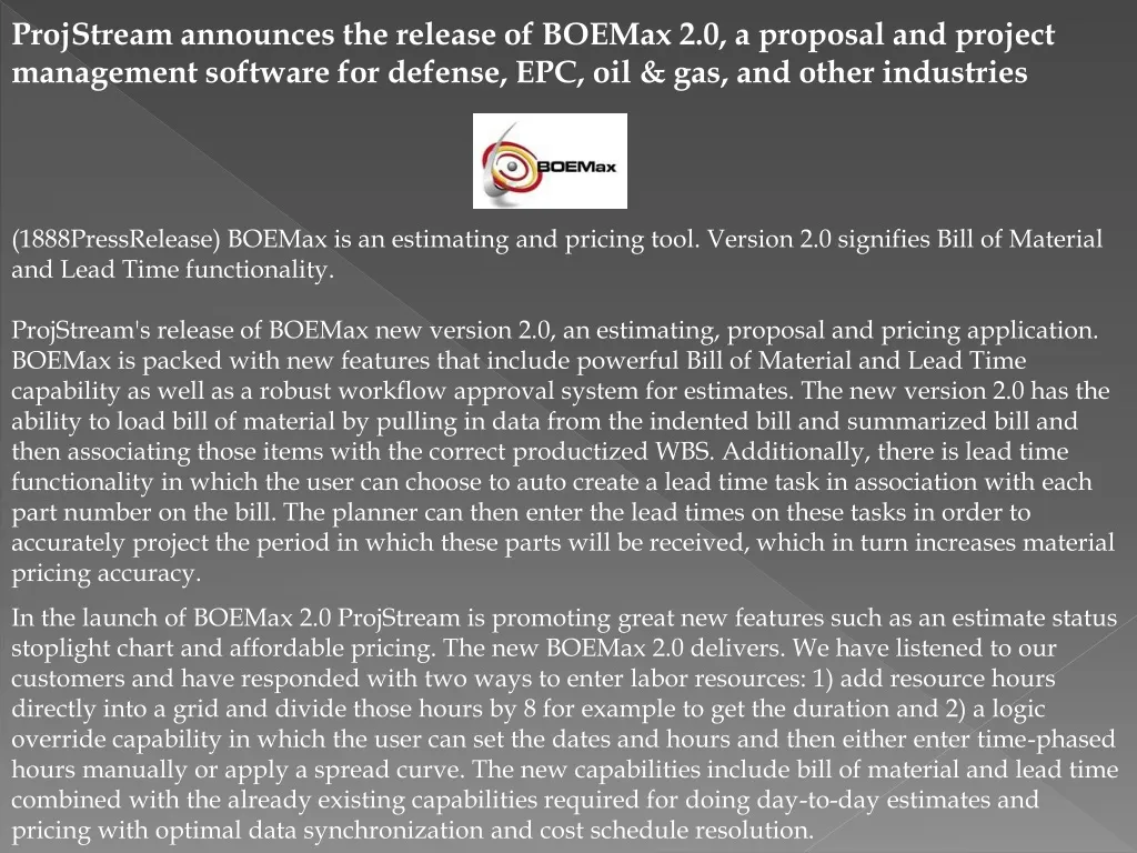 projstream announces the release of boemax