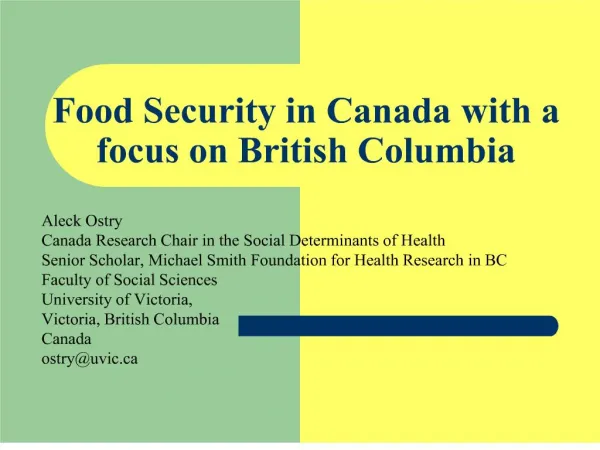 Food Security in Canada with a focus on British Columbia