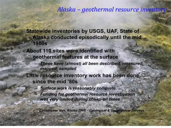 Alaska geothermal resource inventory