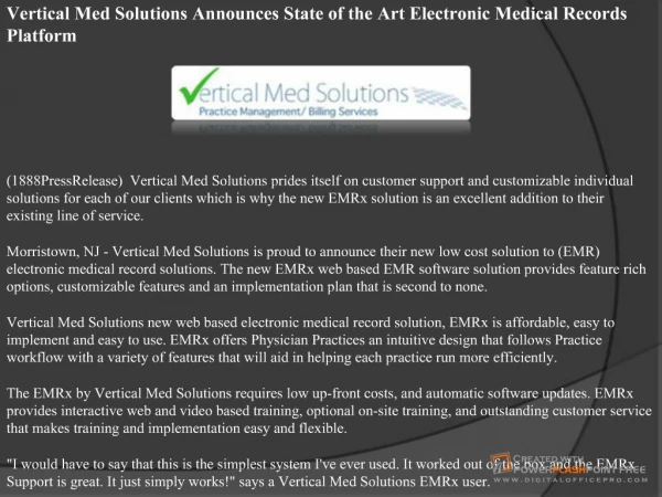 Vertical Med Solutions Announces State of the Art Electronic