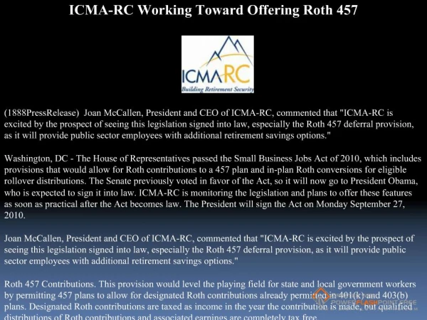 ICMA-RC Working Toward Offering Roth 457