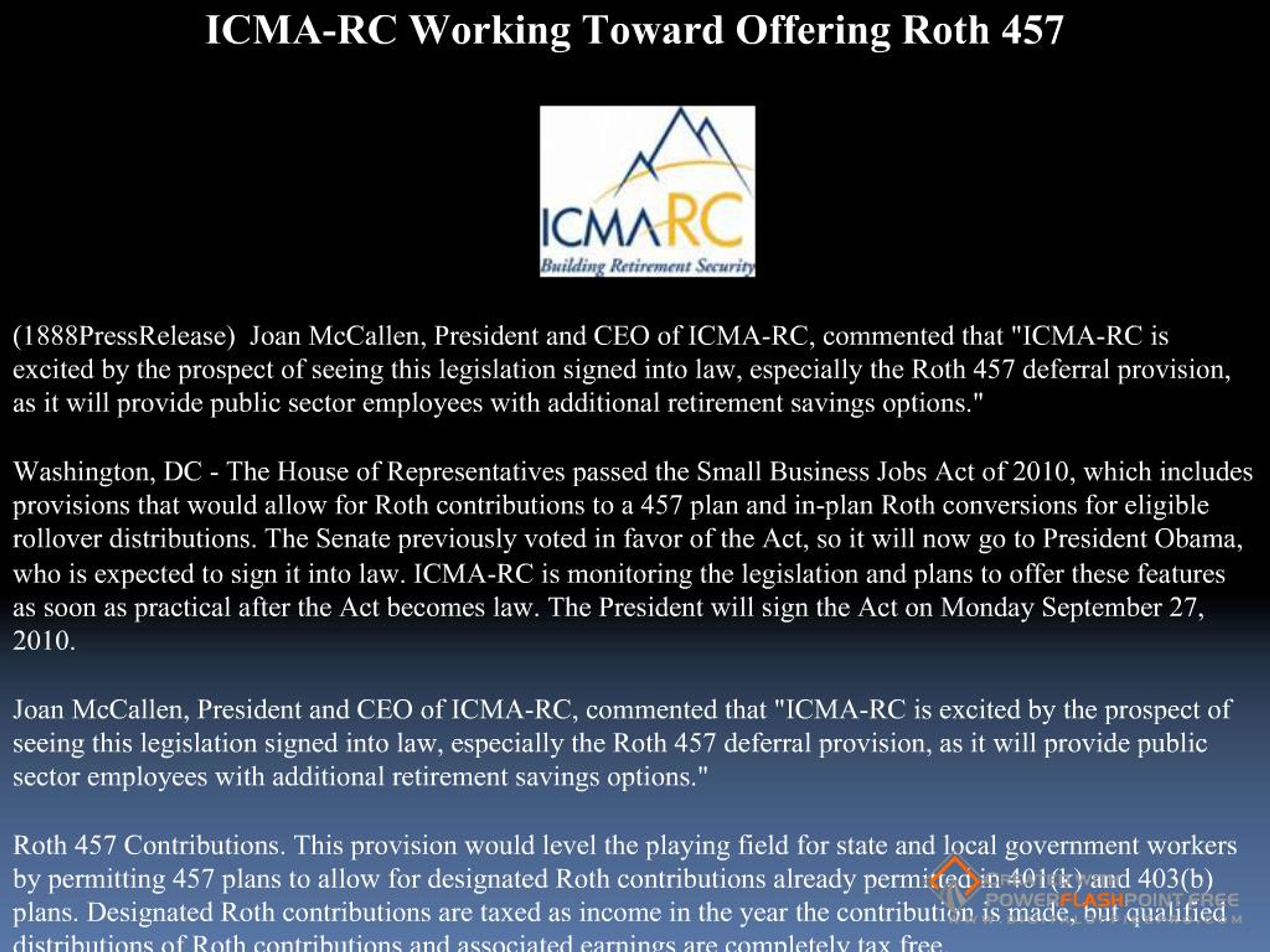 PPT - ICMA-RC Working Toward Offering Roth 457 PowerPoint Presentation ...