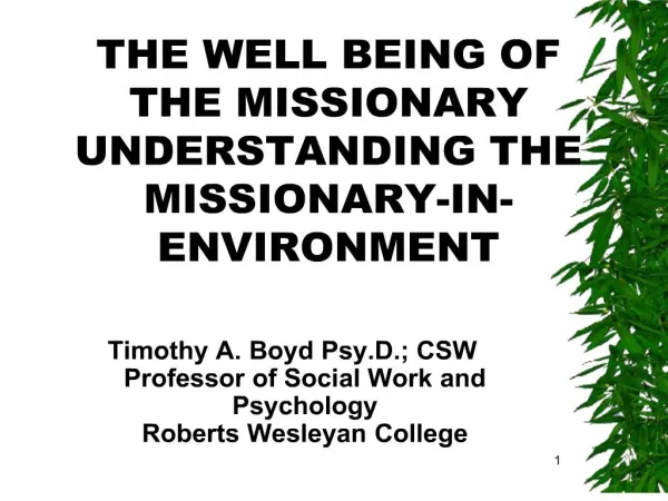 THE WELL BEING OF THE MISSIONARY UNDERSTANDING THE MISSIONARY-IN-ENVIRONMENT
