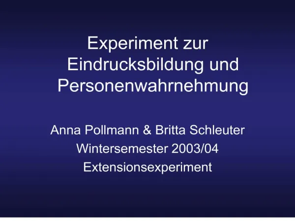 Experiment zur Eindrucksbildung und Personenwahrnehmung Anna Pollmann Britta Schleuter Wintersemester 2003