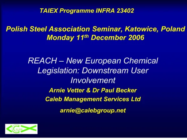 TAIEX Programme INFRA 23402 Polish Steel Association Seminar, Katowice, Poland Monday 11th December 2006
