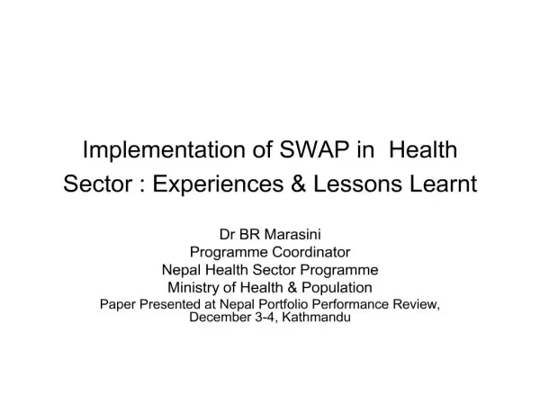 Implementation of SWAP in Health Sector : Experiences Lessons ...