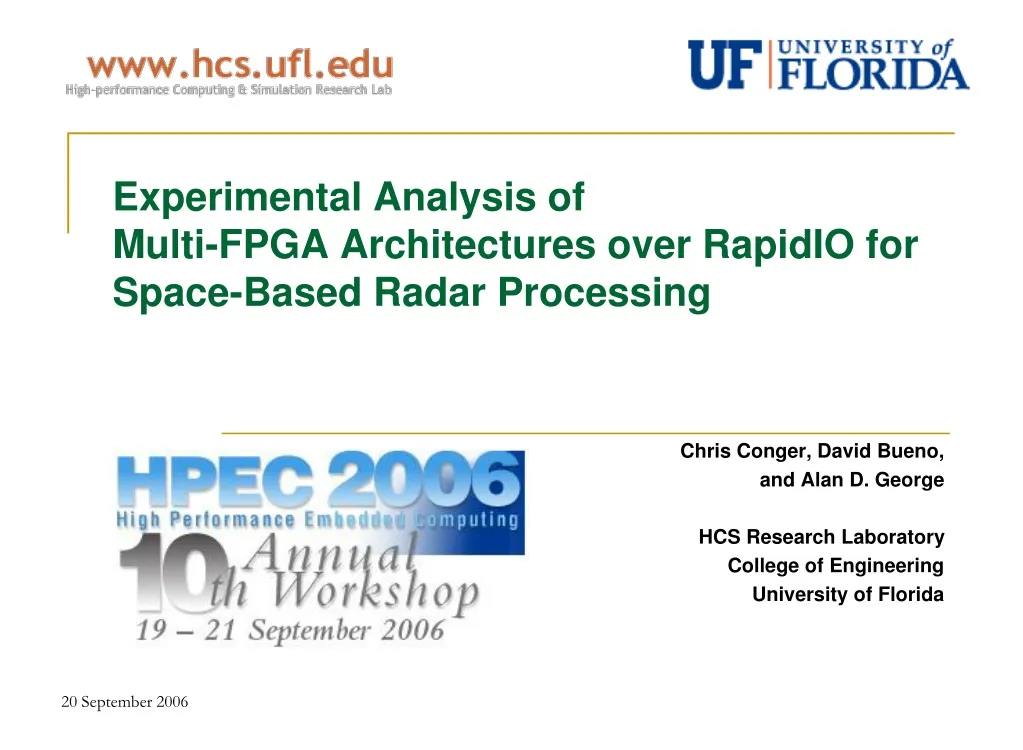 experimental analysis of multi fpga architectures over rapidio for space based radar processing