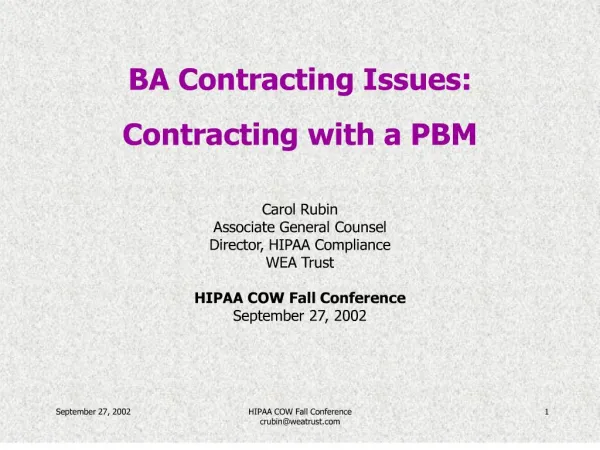 BA Contracting Issues: Contracting with a PBM