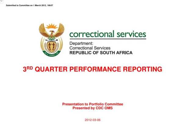 3 RD QUARTER PERFORMANCE REPORTING