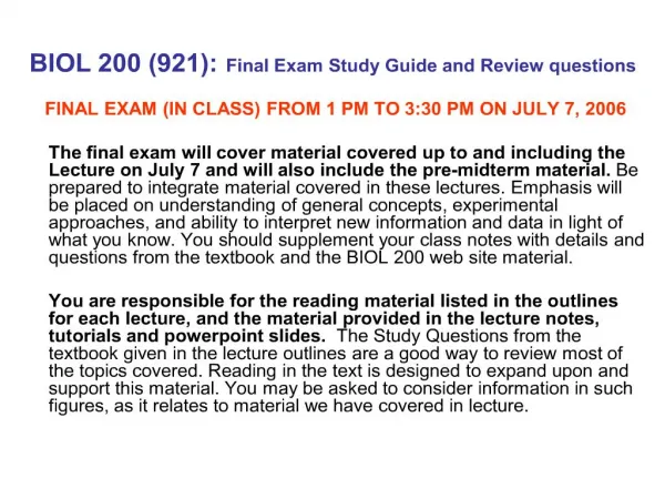BIOL 200 921: Final Exam Study Guide and Review questions