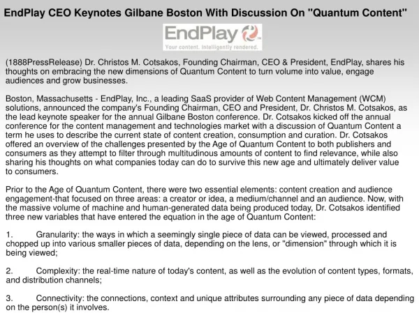 EndPlay CEO Keynotes Gilbane Boston With Discussion On "Quan