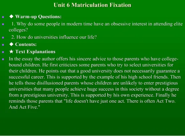 Unit 6 Matriculation Fixation