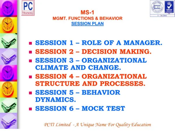 MS-1 MGMT. FUNCTIONS BEHAVIOR SESSION PLAN