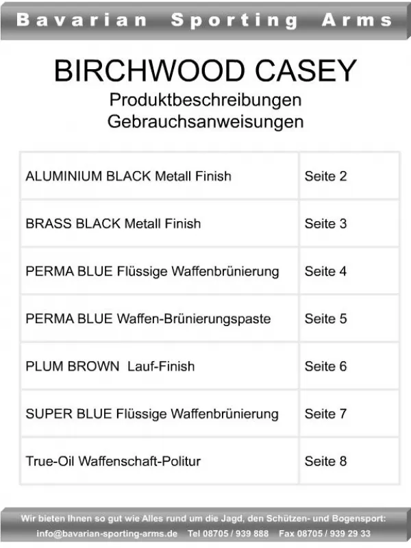BIRCHWOOD CASEY Produktbeschreibungen Gebrauchsanweisungen