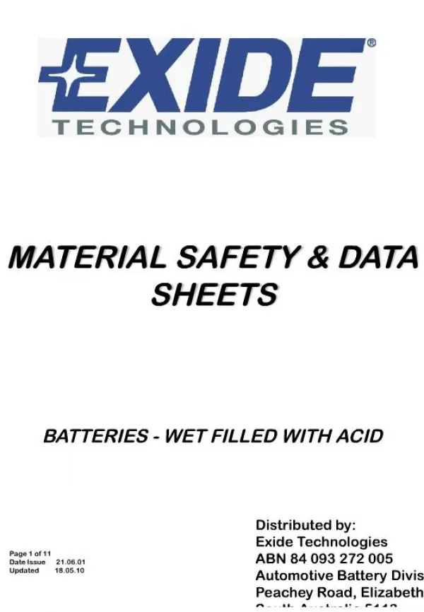 MATERIAL SAFETY DATA SHEETS BATTERIES - WET FILLED WITH ACID