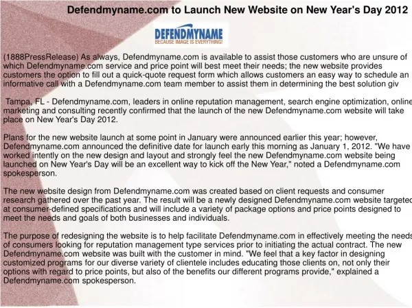 Defendmyname.com to Launch New Website on New Year's Day 201