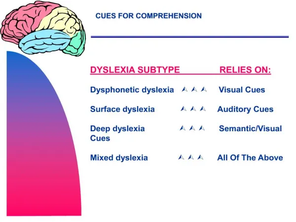DYSLEXIA SUBTYPE RELIES ON: Dysphonetic dyslexia Visual Cues Surface dyslexia Auditory Cues