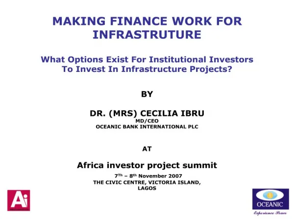 MAKING FINANCE WORK FOR INFRASTRUTURE What Options Exist ...