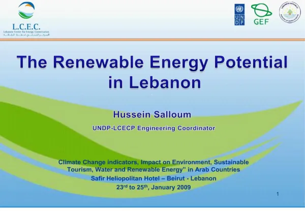 The Renewable Energy Potential in Lebanon . Hussein Salloum UNDP-LCECP Engineering Coordinator