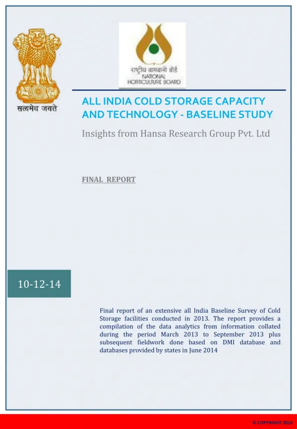 ALL INDIA COLD STORAGE CAPACITY AND TECHNOLOGY - BASELINE STUDY