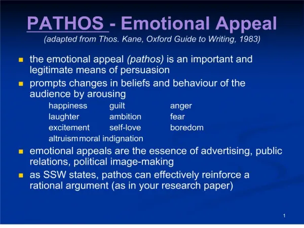 PATHOS - Emotional Appeal adapted from Thos. Kane, Oxford Guide to Writing, 1983