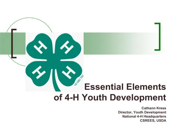 Essential Elements of 4-H Youth Development Cathann Kress Director, Youth Development National 4-H Headquarters CSREE