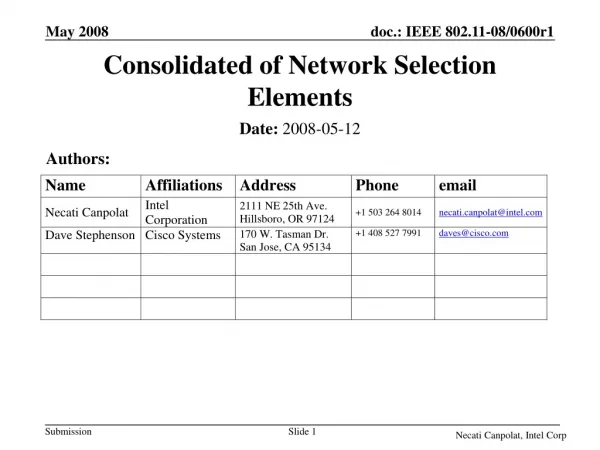 Consolidated of Network Selection Elements