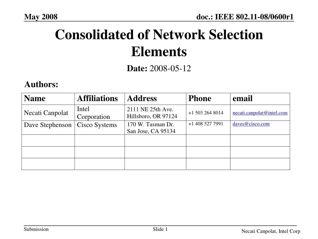 consolidated of network selection elements