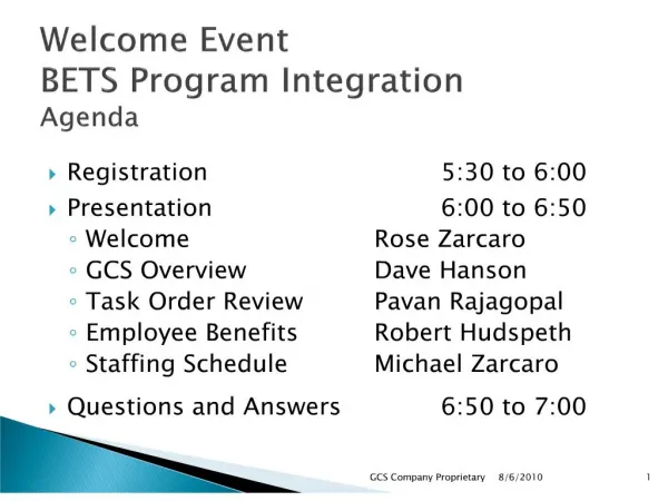 Welcome Event BETS Program Integration Agenda