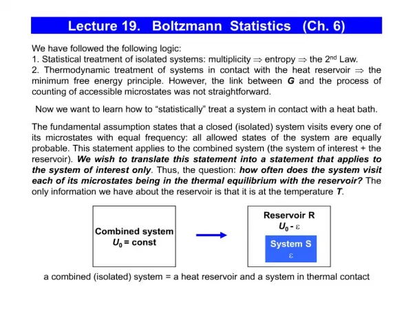 Lecture 19. Boltzmann Statistics Ch. 6