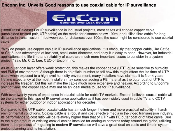Enconn Inc. Unveils Good reasons to use coaxial cable for IP