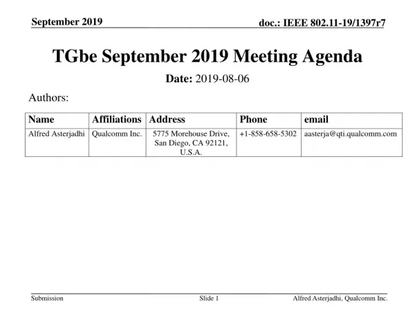 TGbe September 2019 Meeting Agenda