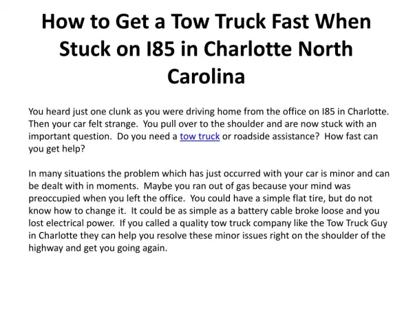 How to Get a Tow Truck Fast When Stuck on I85 in Charlotte N