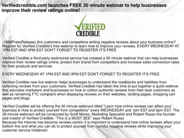 Verifiedcredible.com launches FREE 30 minute webinar to help
