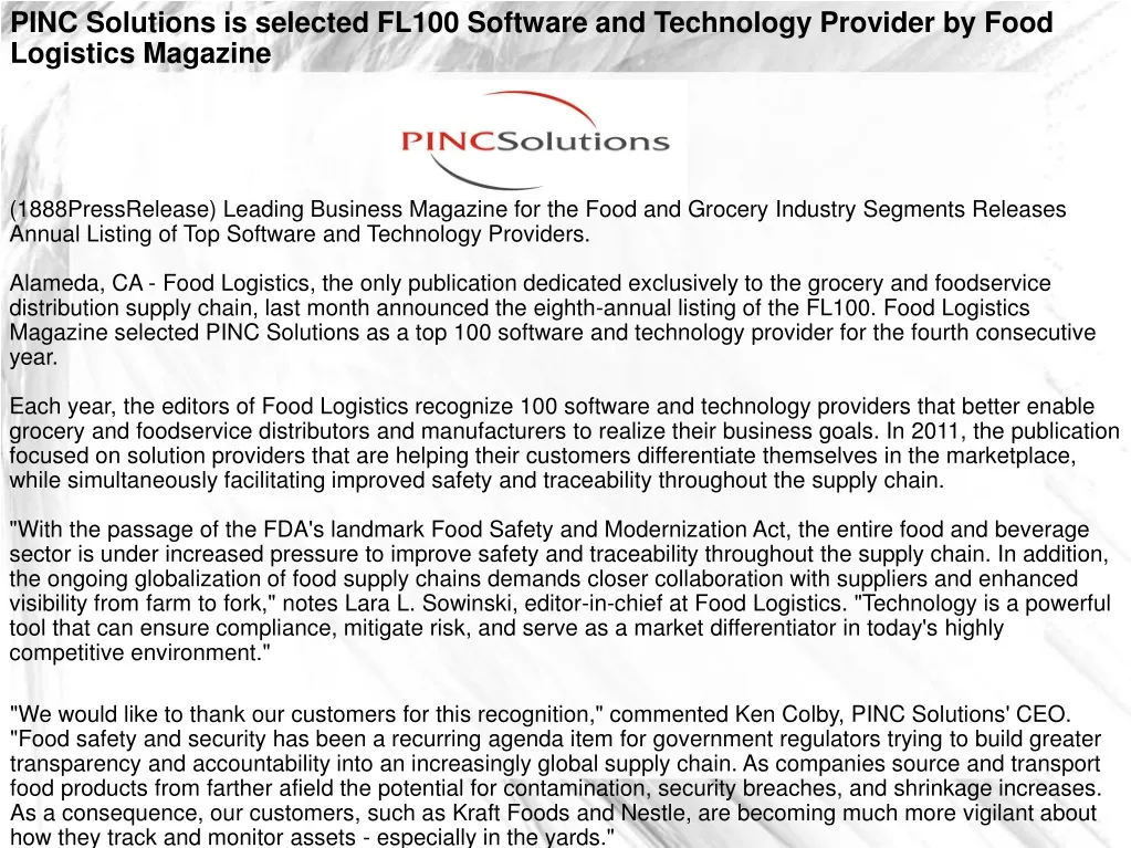 pinc solutions is selected fl100 software