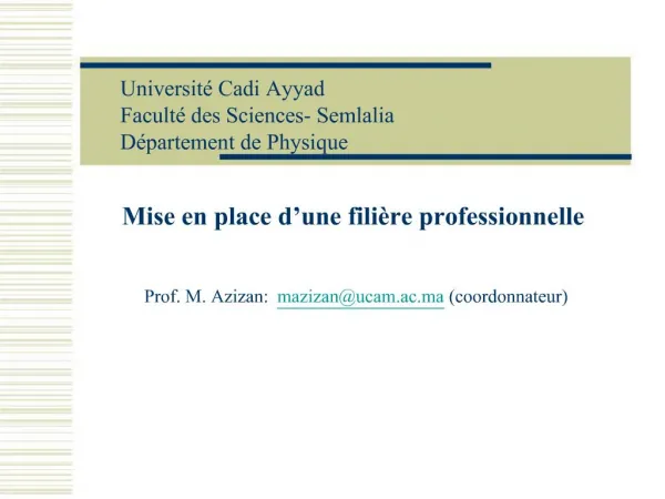 Mise en place d une fili re professionnelle Prof. M. Azizan: mazizanucam.ac.ma coordonnateur