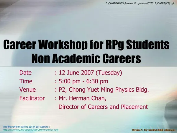 Career Workshop for RPg Students Non Academic Careers