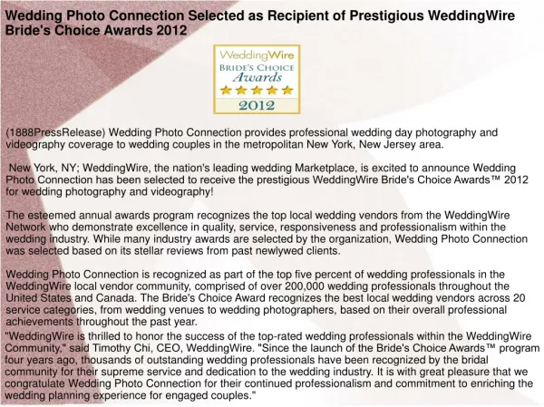 Wedding Photo Connection Selected as Recipient of Prestigiou