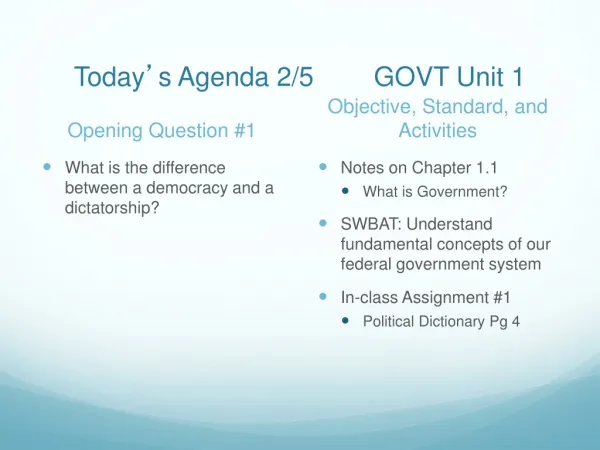 Today ’ s Agenda 2/5 	GOVT Unit 1
