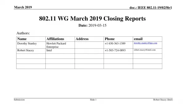 802.11 WG March 2019 Closing Reports