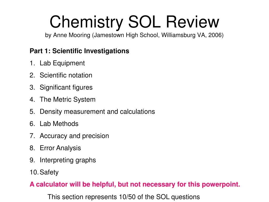 chemistry sol review by anne mooring jamestown high school williamsburg va 2006