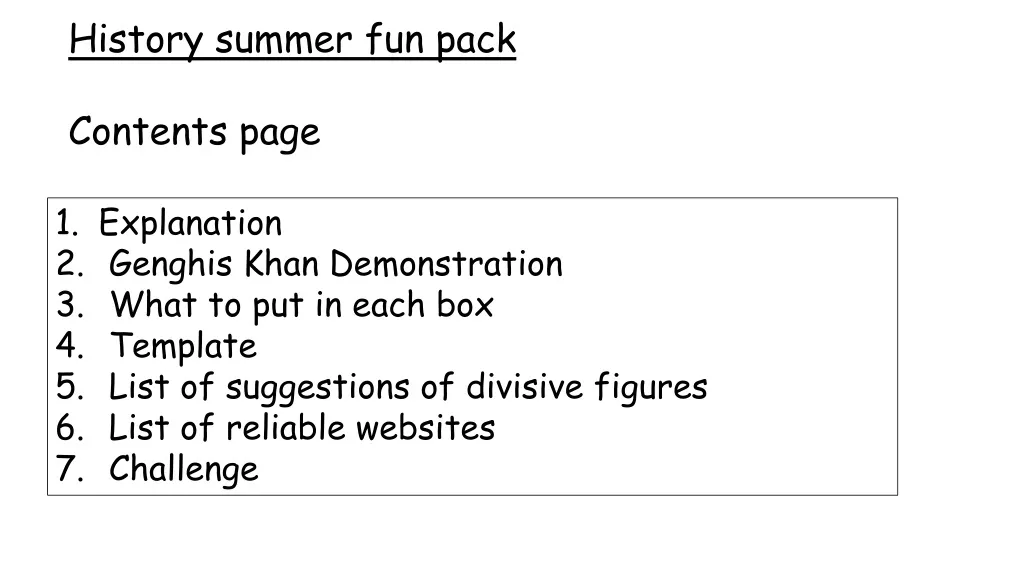 history summer fun pack contents page