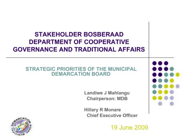 STAKEHOLDER BOSBERAAD DEPARTMENT OF COOPERATIVE GOVERNANCE AND TRADITIONAL AFFAIRS
