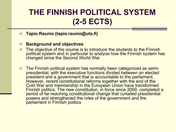 THE FINNISH POLITICAL SYSTEM 2-5 ECTS