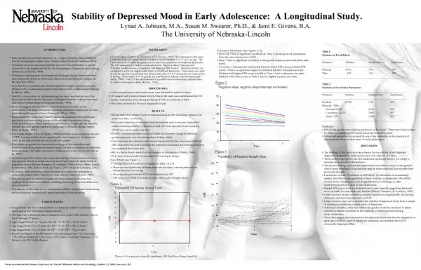 Stability of Depressed Mood in Early Adolescence: A Longitudinal Study. Lynae A. Johnsen, M.A., Susan M. Swearer, Ph.D.