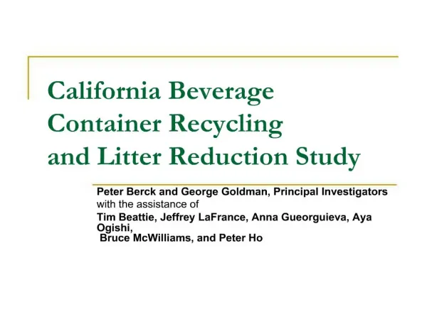 California Beverage Container Recycling and Litter Reduction Study