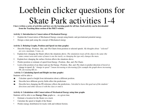 Loeblein clicker questions for Skate Park activities 1-4