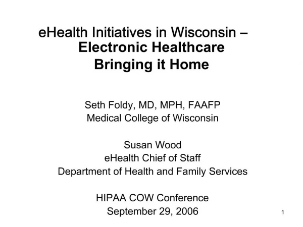 EHealth Initiatives in Wisconsin Electronic Healthcare Bringing it Home
