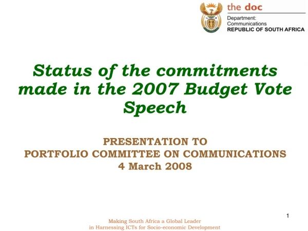 PRESENTATION TO PORTFOLIO COMMITTEE ON COMMUNICATIONS 4 March 2008